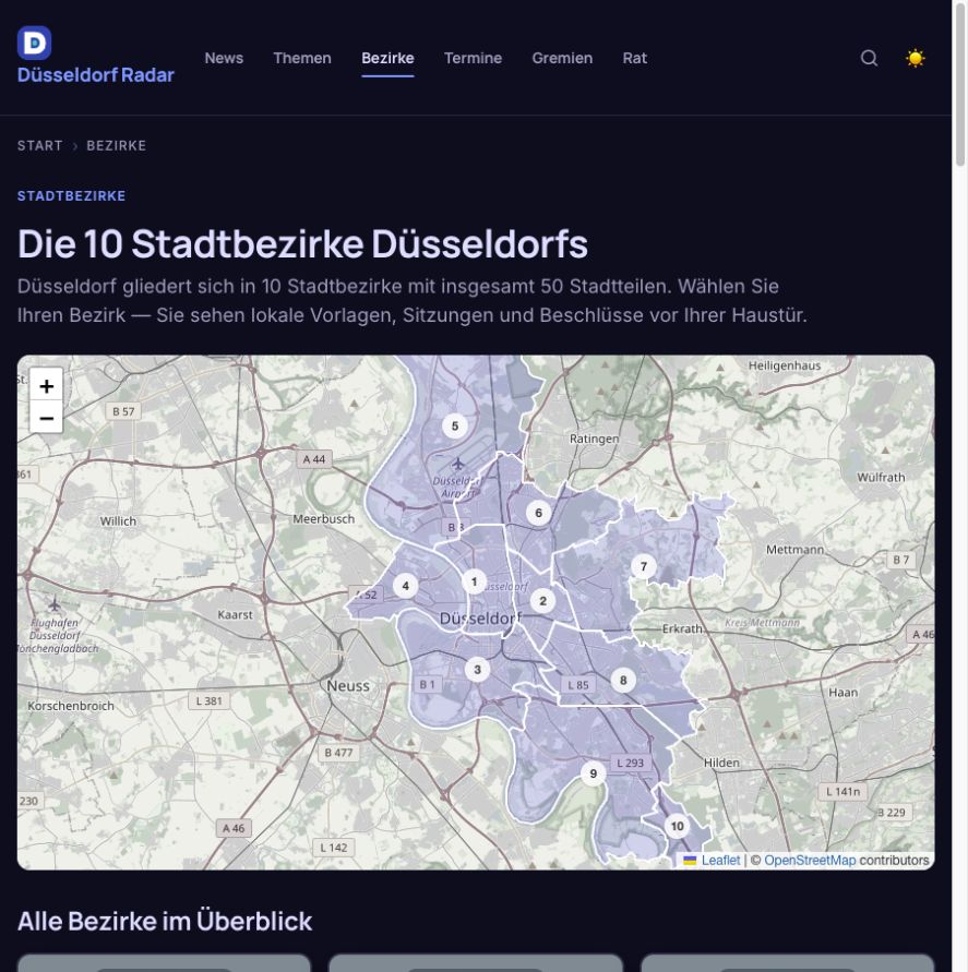 Karte der zehn Düsseldorfer Stadtbezirke auf Düsseldorf Radar als Einstieg zu lokalen Vorlagen, Sitzungen und Beschlüssen